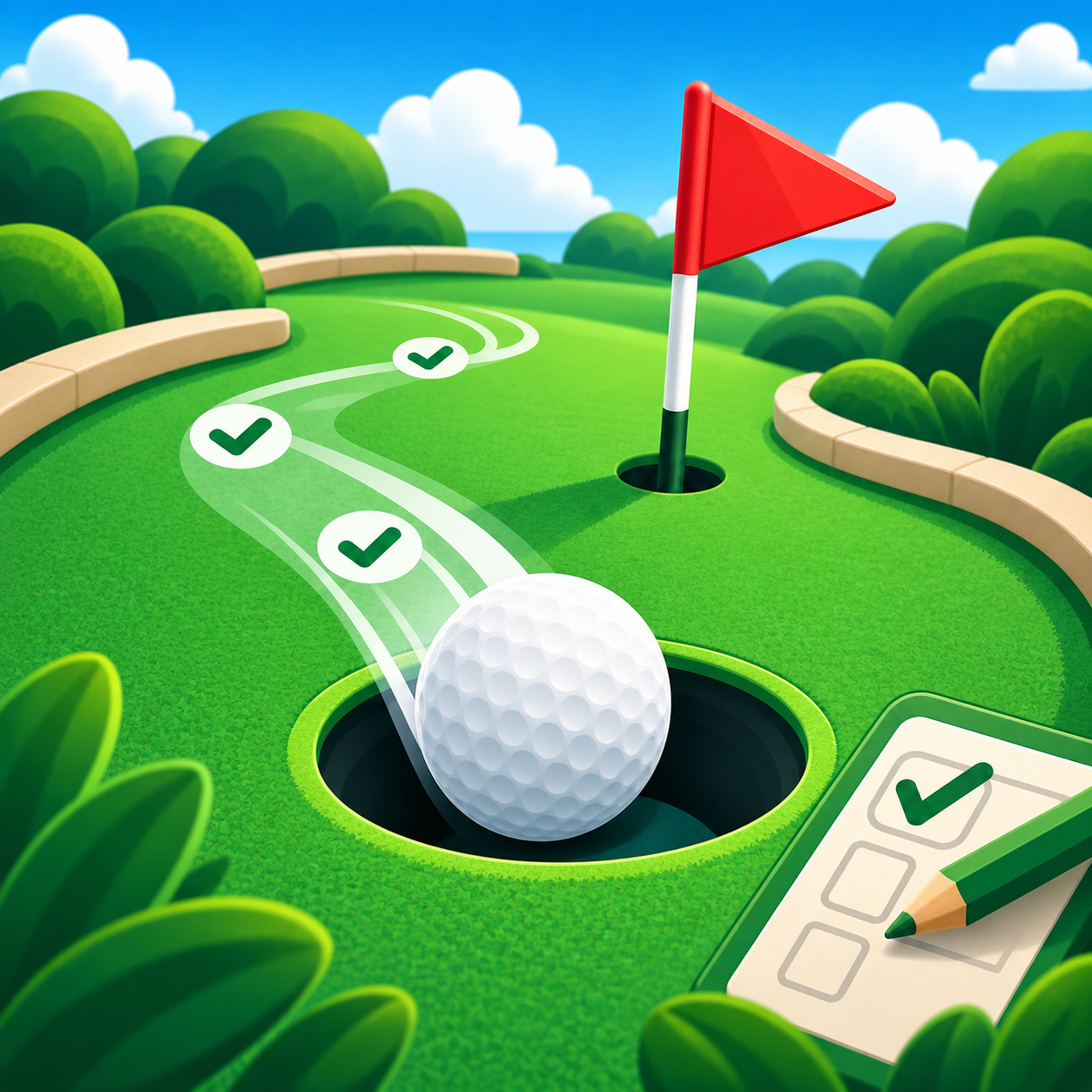 Mini golf course with ball and flag